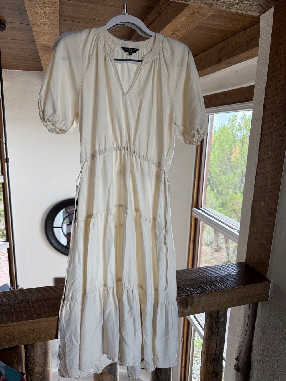 Velvet Heart Cream Tiered Midi Dress with Puff Sleeves